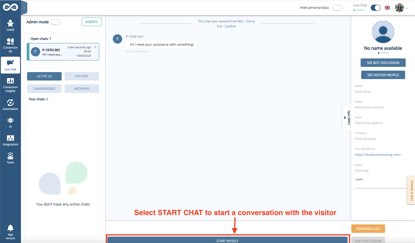 202404LC START CHAT how to use leadoo live chat How to start chatting in Leadoo Live Chat?