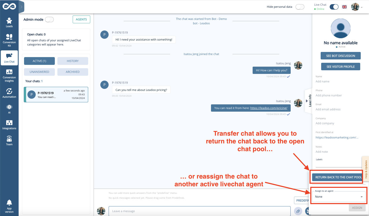LC transfer chat how to use leadoo live chat How to start chatting in Leadoo Live Chat?