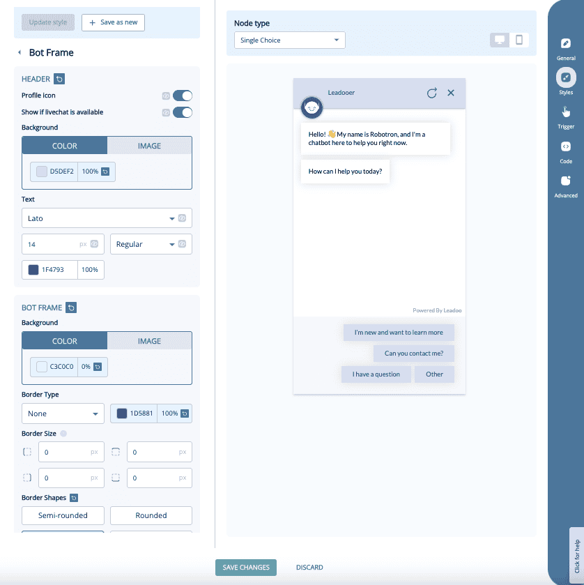 Leadoo style Bot frame New style settings for chat and inpage bots