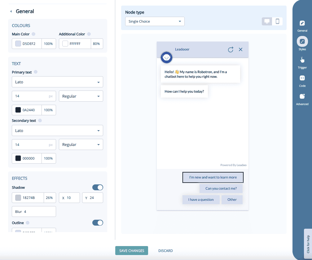 Leadoo style Genral New style settings for chat and inpage bots