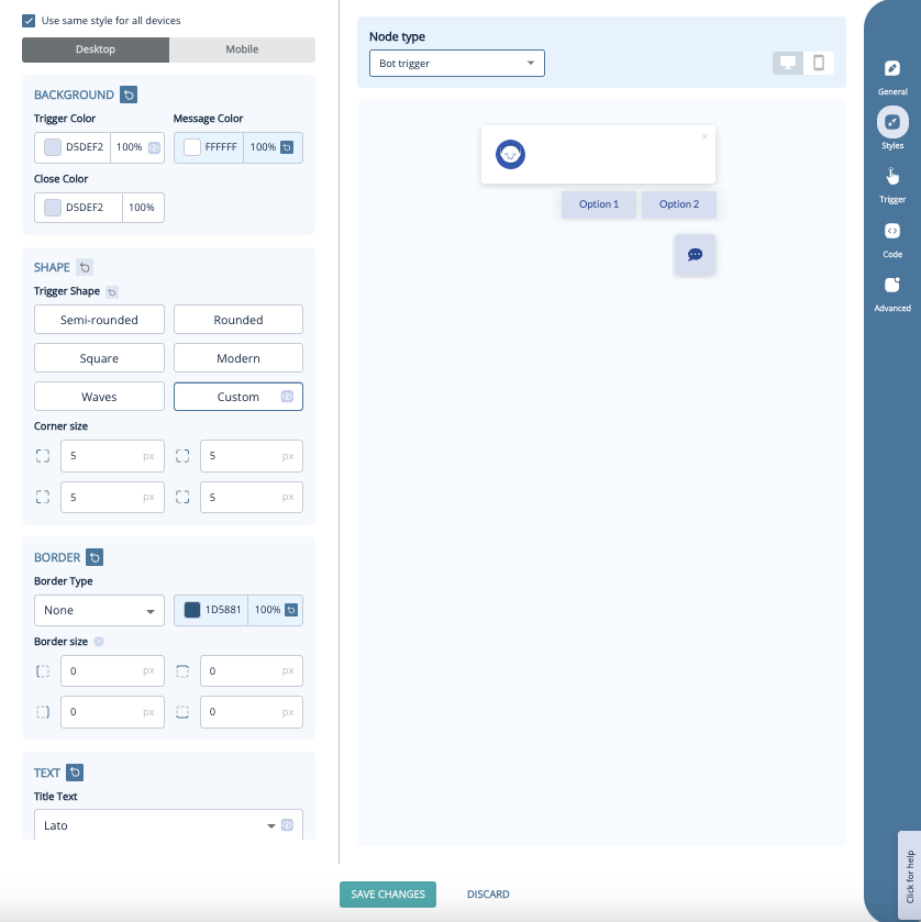 Leadoo style bot trigger New style settings for chat and inpage bots