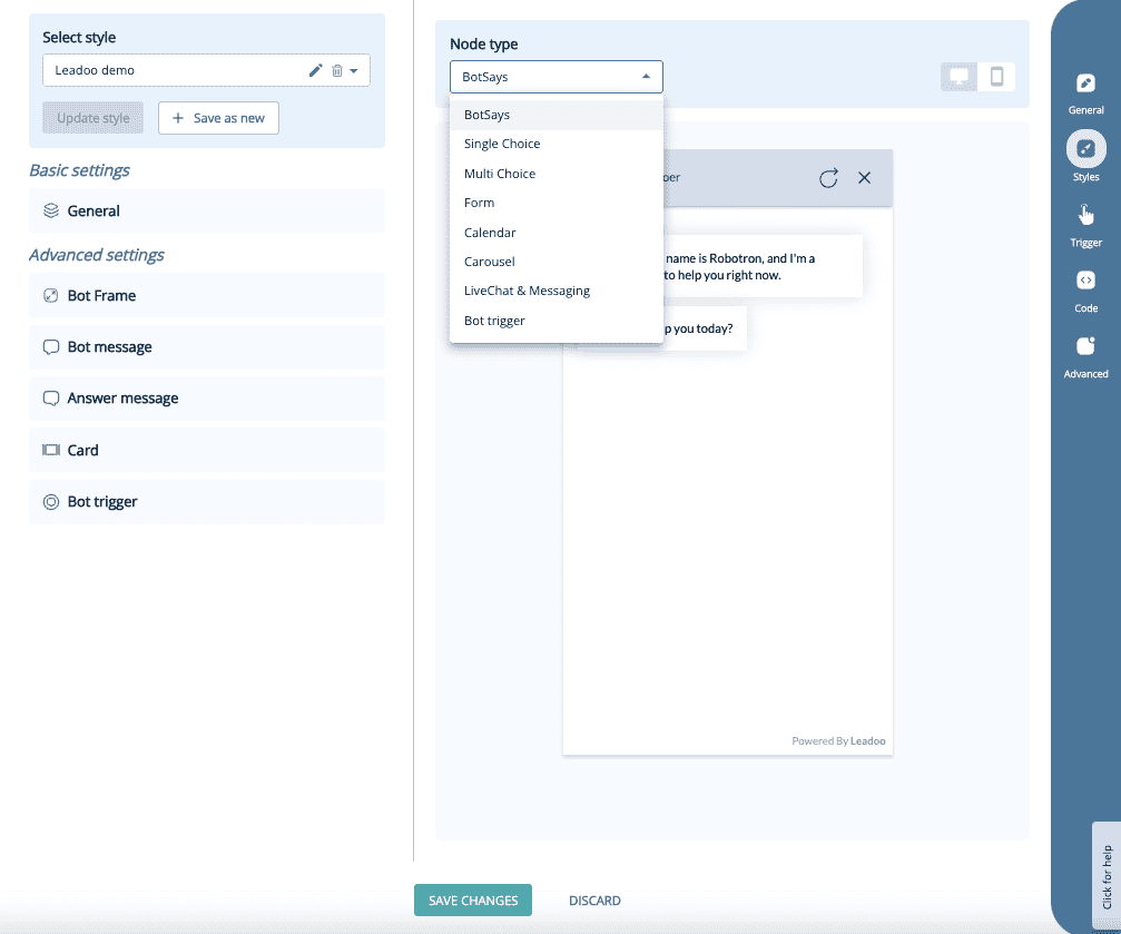 Leadoo style node preview New style settings for chat and inpage bots