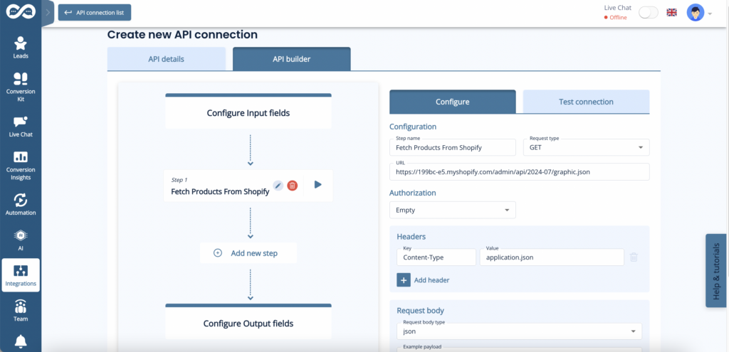 Shopify Connection 2 Leadoon AI-Intentio ja tuki reaaliaikaisille API-kutsuille